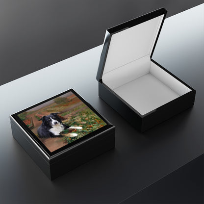Jewelry/ Keepsake Box - Border Collie Dog - Lacquer Wood Box Black open
