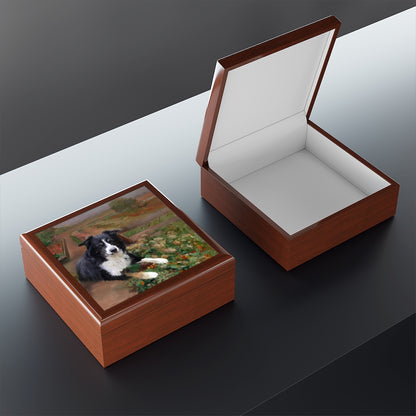 Jewelry/ Keepsake Box - Border Collie Dog - Lacquer Wood Box Golden Oak Open