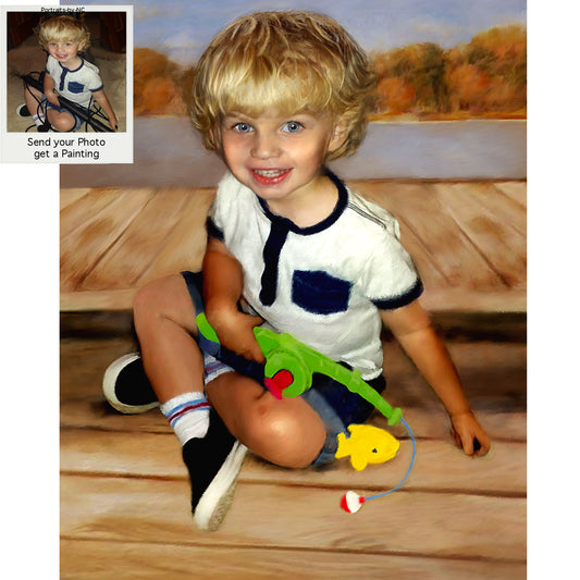 Kleinkind-Ölportrait - Junge mit Angelrute