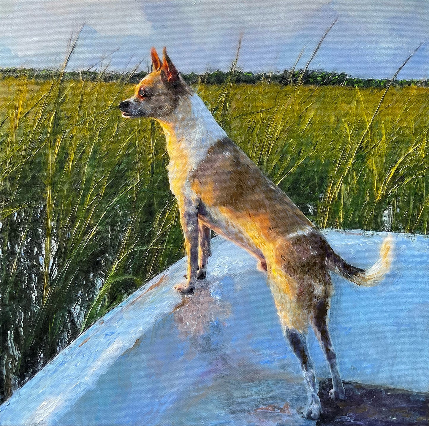 Oil Portrait of Deacon the Dog Who Loves Fishing