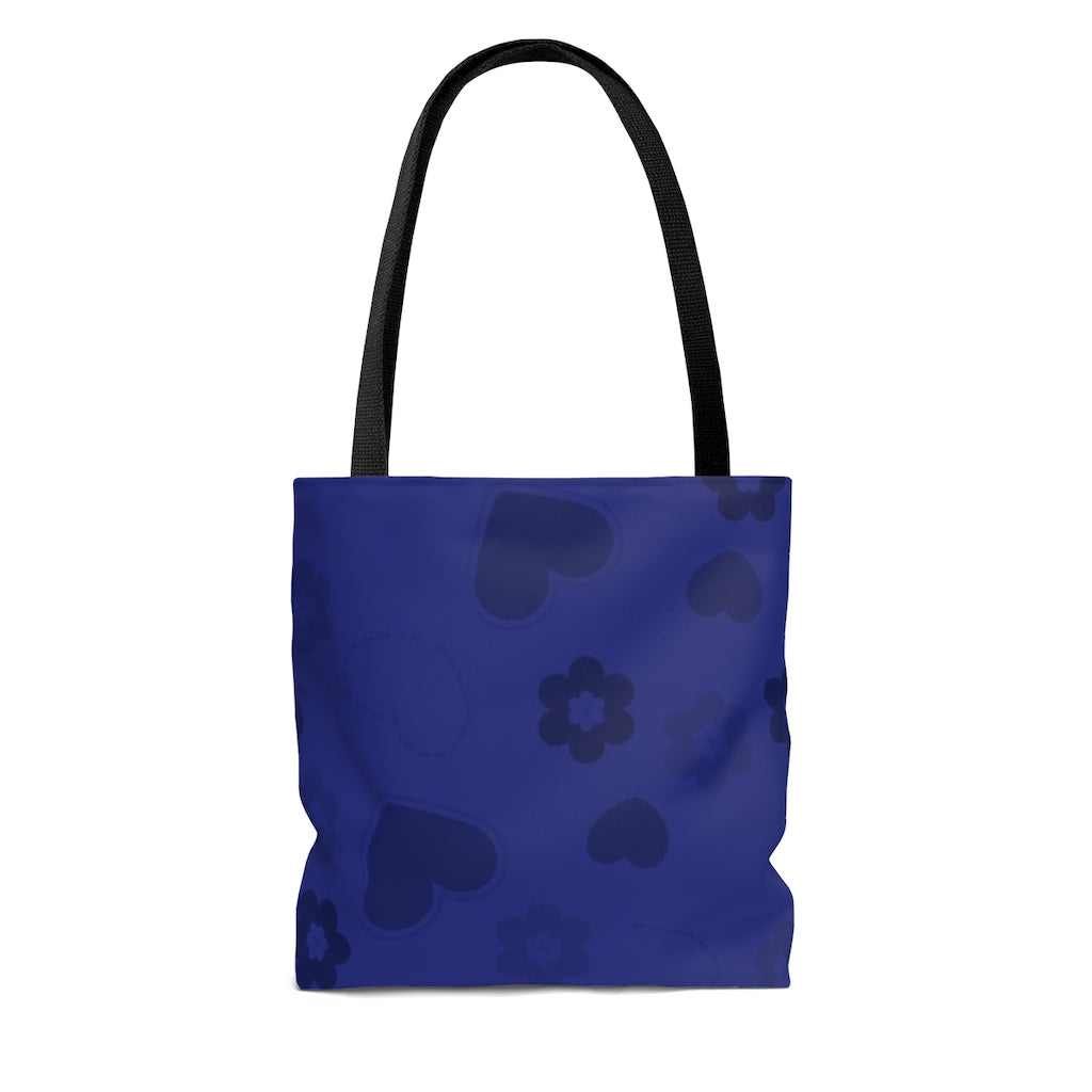 Tote Bag - Blue Flowers and Hearts with black strap