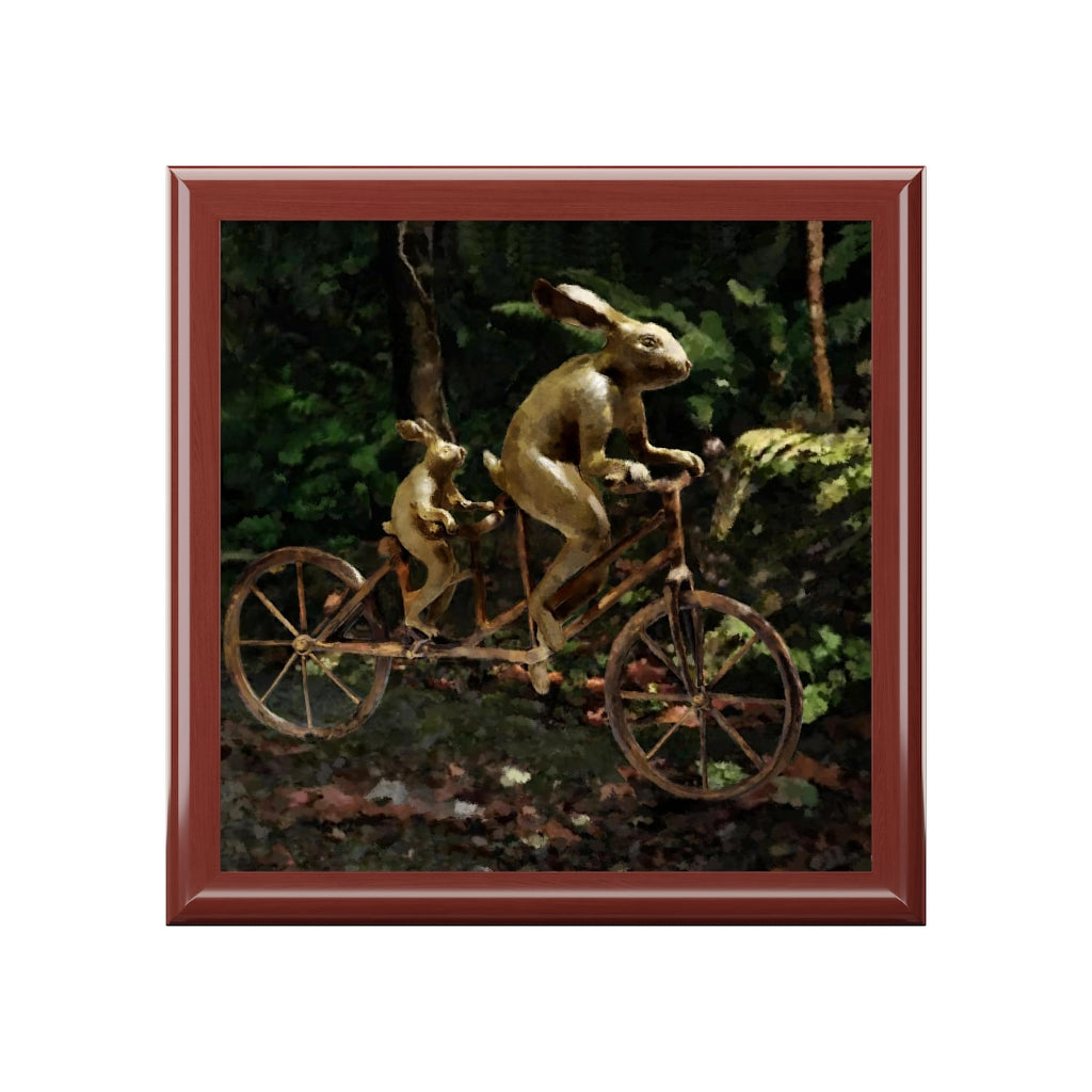 Jewelry/Keepsake Box - Rabbits on Tandem Bicycle - Lacquered Box  Mahogany
