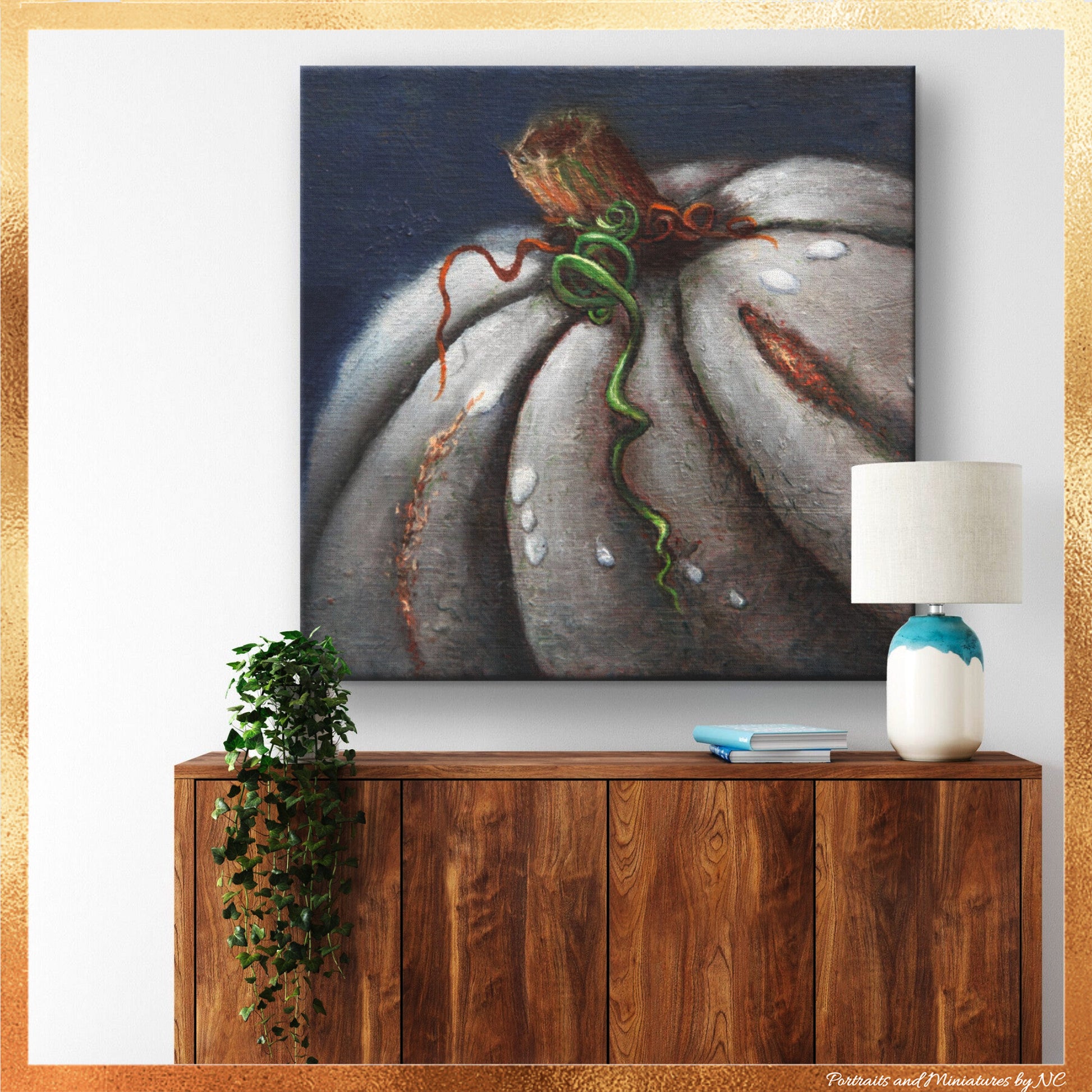 Pumpkin Stretched Canvas Print -Kissed by the Moon over furniture
