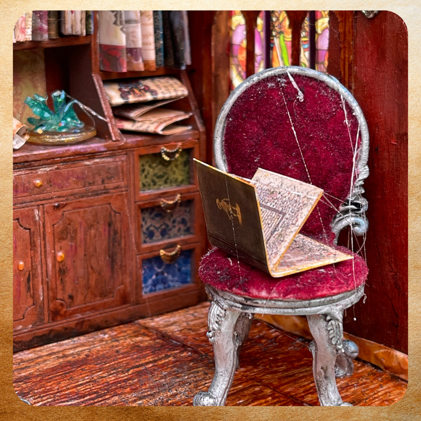 Miniature chair and book dollhouse furniture