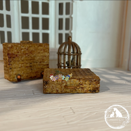 Handmade Miniature Rattan Suitcase - Picnic Basket 1/12 Scale Dollhouse Accessory