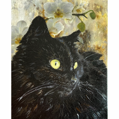 Schwarze Katze mit Orchideen-Öl-Porträt