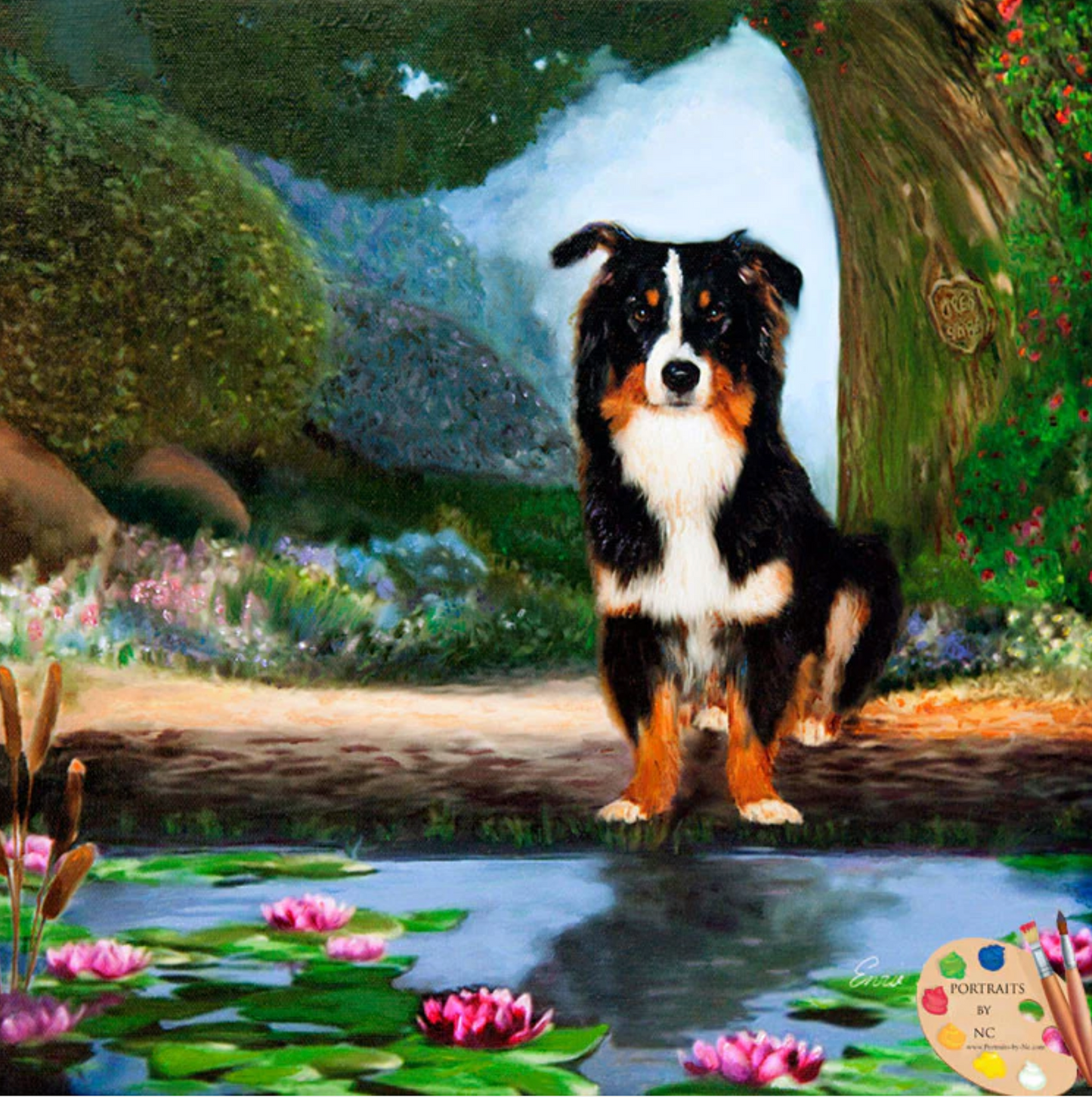 Border Collie Dog by Pond Digital Pet Portrait