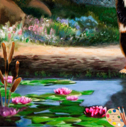 Border Collie Dog by Pond Digital Pet Portrait detail of pond