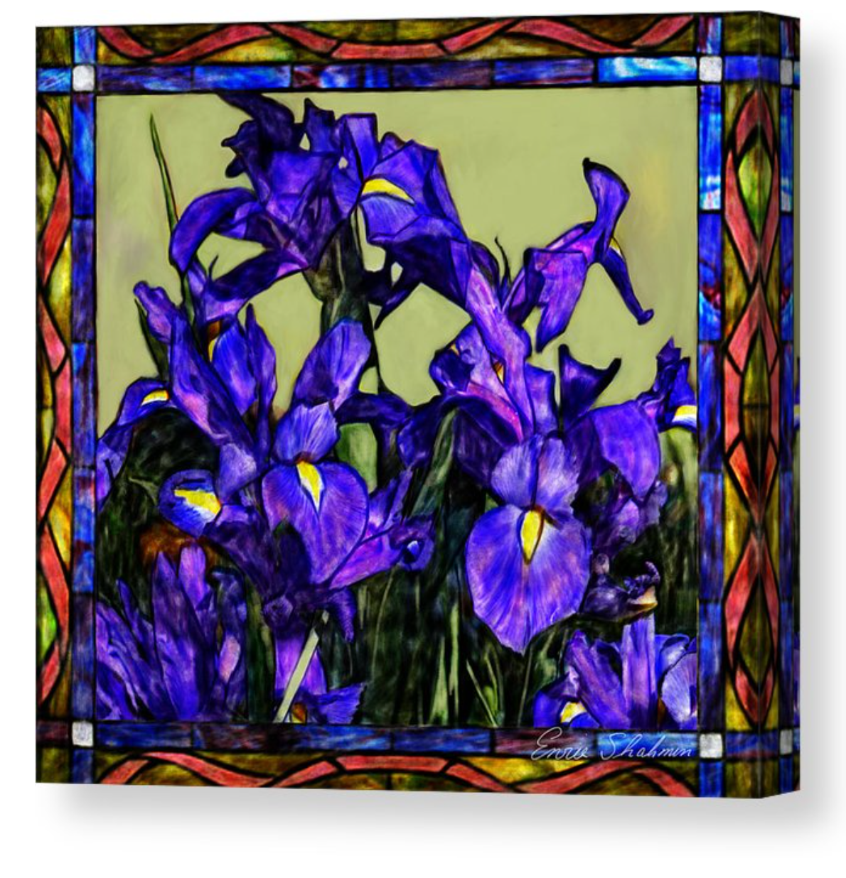 Stretched Canvas Print - Tiffany Style Blue Iris - Floral Print