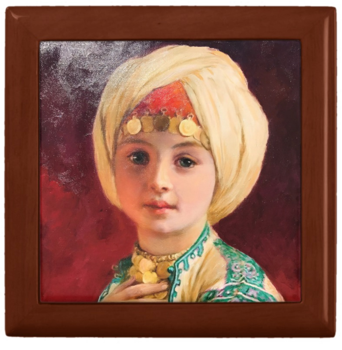 Keepsake/Jewelry Box - Carl Haag Child with Turban - Lacquer Box Golden Oak Box