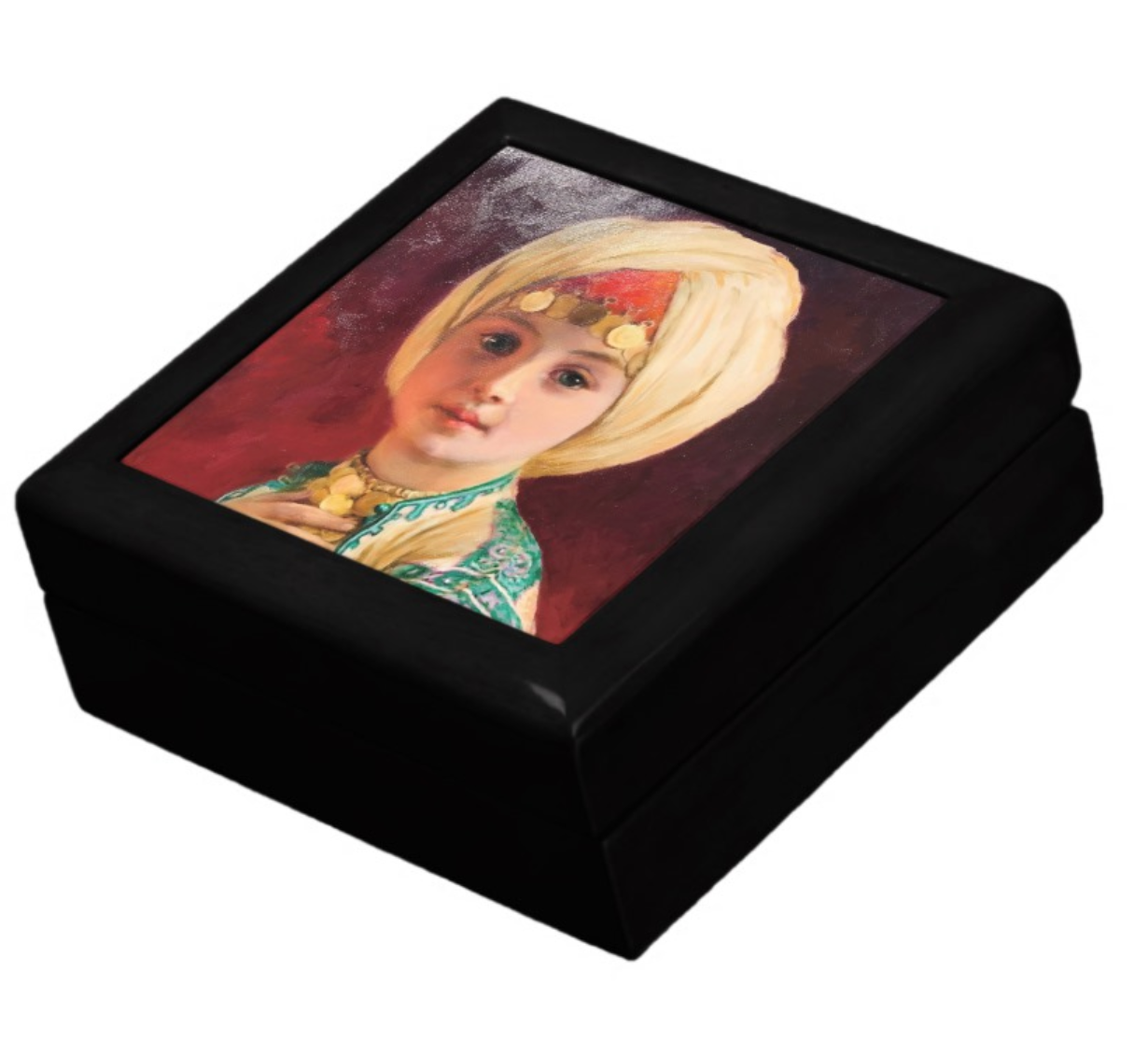Keepsake/Jewelry Box - Carl Haag Child with Turban - Lacquer Box Black Wood