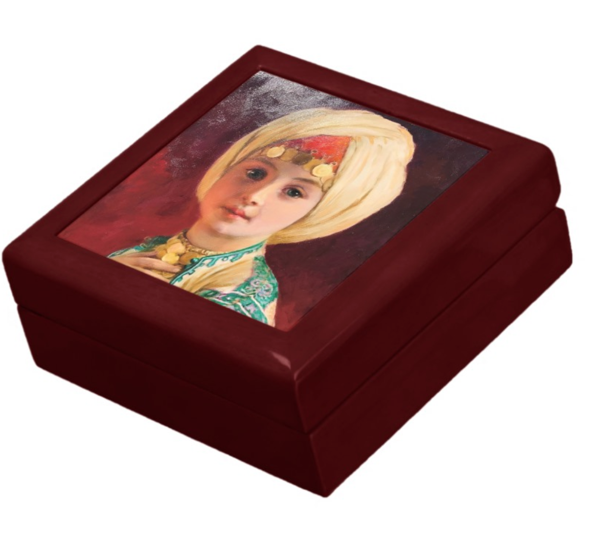 Keepsake/Jewelry Box - Carl Haag Child with Turban - Lacquer Box Mahogany Wood