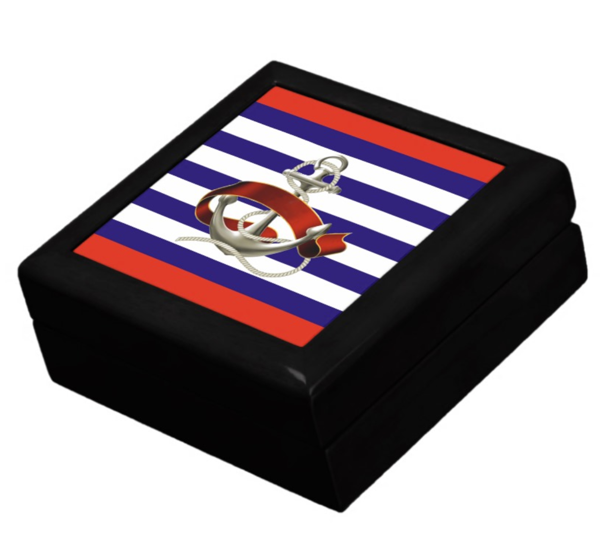 Keepsake/Jewelry Box - Nautical Anchor Design - Black Lacquer Box