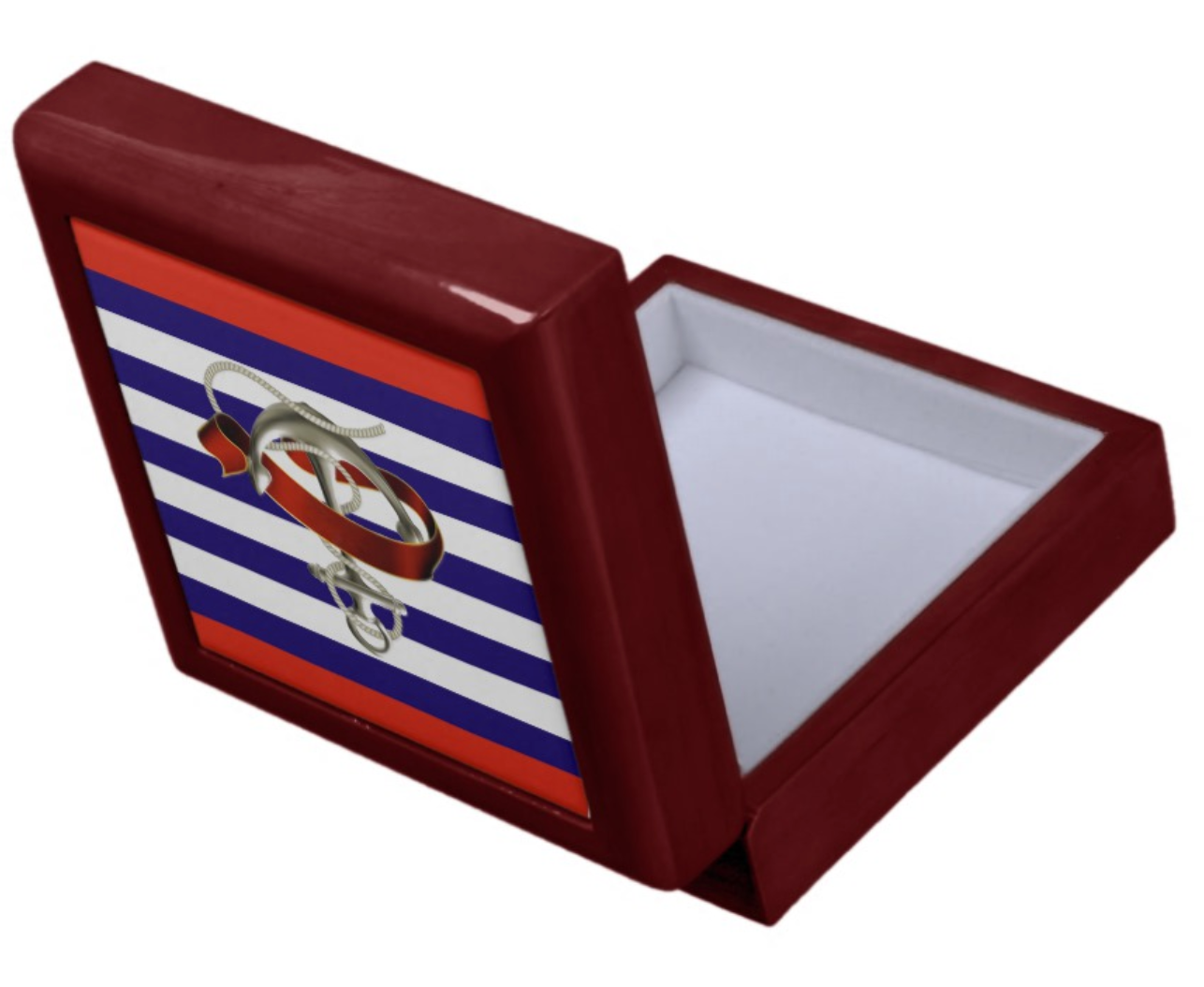 Keepsake/Jewelry Box - Nautical Anchor Design - Mahogany Lacquer Box Felt Lined
