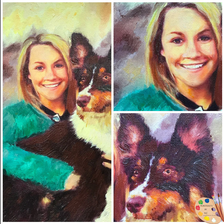 Portrait de personnes avec animaux domestiques - Femme avec chien de berger australien - Portrait à l'huile 