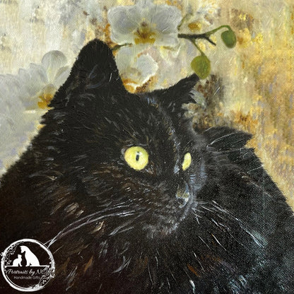 Schwarze Katze mit Orchideen-Öl-Porträt