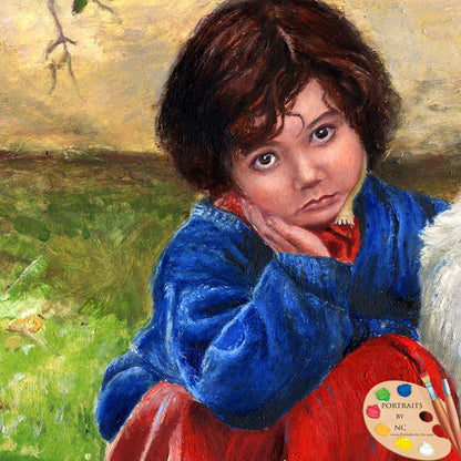 Children with Pets Oil Portrait - Girl with her Dog
