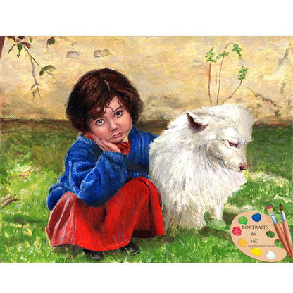 Children with Pets Oil Portrait - Girl with her Dog