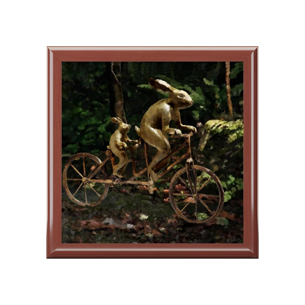 Jewelry/Keepsake Box - Rabbits on Tandem Bicycle - Lacquered Box  Golden Oak