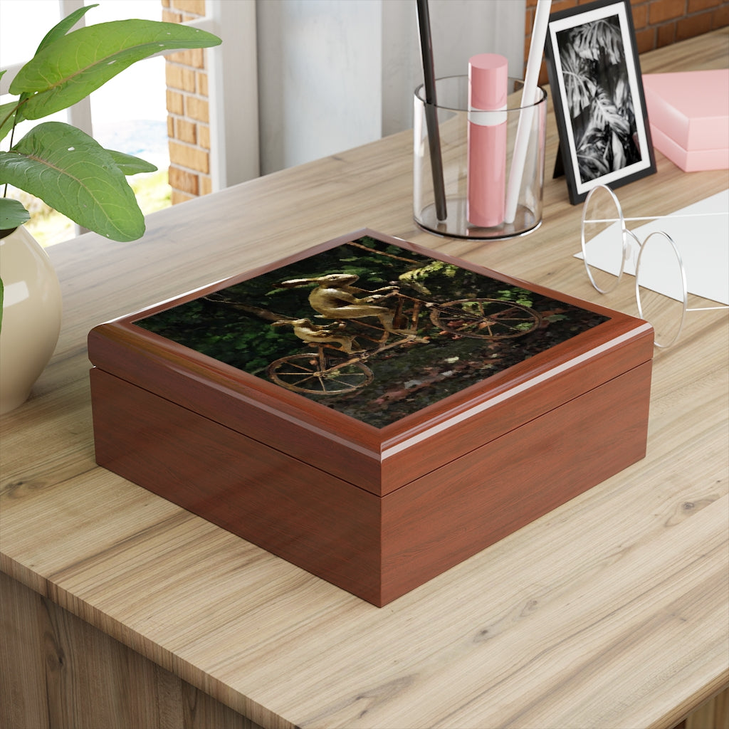 Jewelry/Keepsake Box - Rabbits on Tandem Bicycle - Lacquered Box  Golden Oak closed