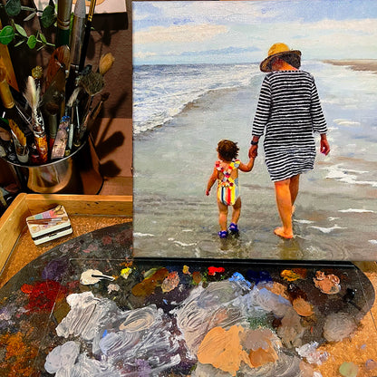 Stroll on the Beach - Custom Family Portrait in Oil on easel