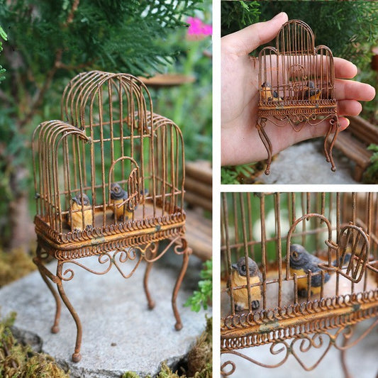 Miniature Rusty Standing Birdcage With Birds Rustic Vintage