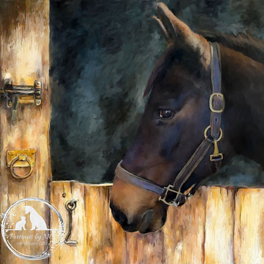 Portrait numérique de cheval brun foncé - Portrait peint personnalisé 
