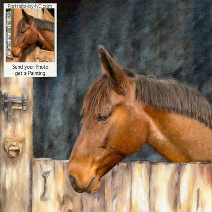 Brown Horse in Stable Digital Portrait - Custom Painted Portrait