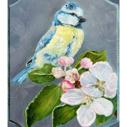 Chickadee Bird on Cherry Branch Folk Art Scenic Landscape Oil Painting - Portraits by NC