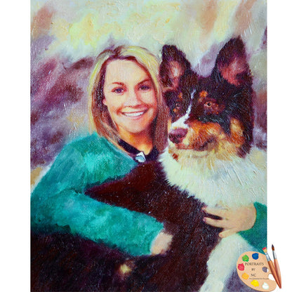 Portrait de personnes avec animaux domestiques - Femme avec chien de berger australien - Portrait à l'huile 