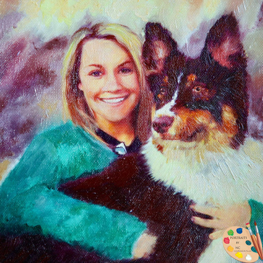 Porträt von Menschen mit Haustieren - Frau mit australischem Schäferhund - Ölporträt 