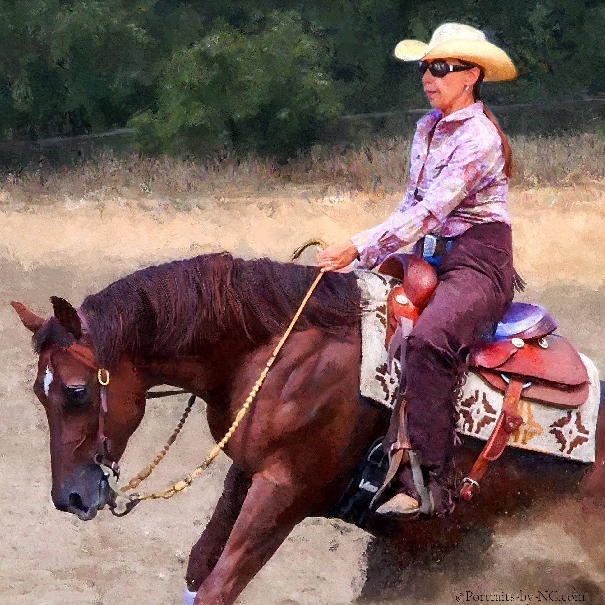 American Quarter Horse with Rider Oil Portrait - Custom Painted Equine Portrait detail of rider