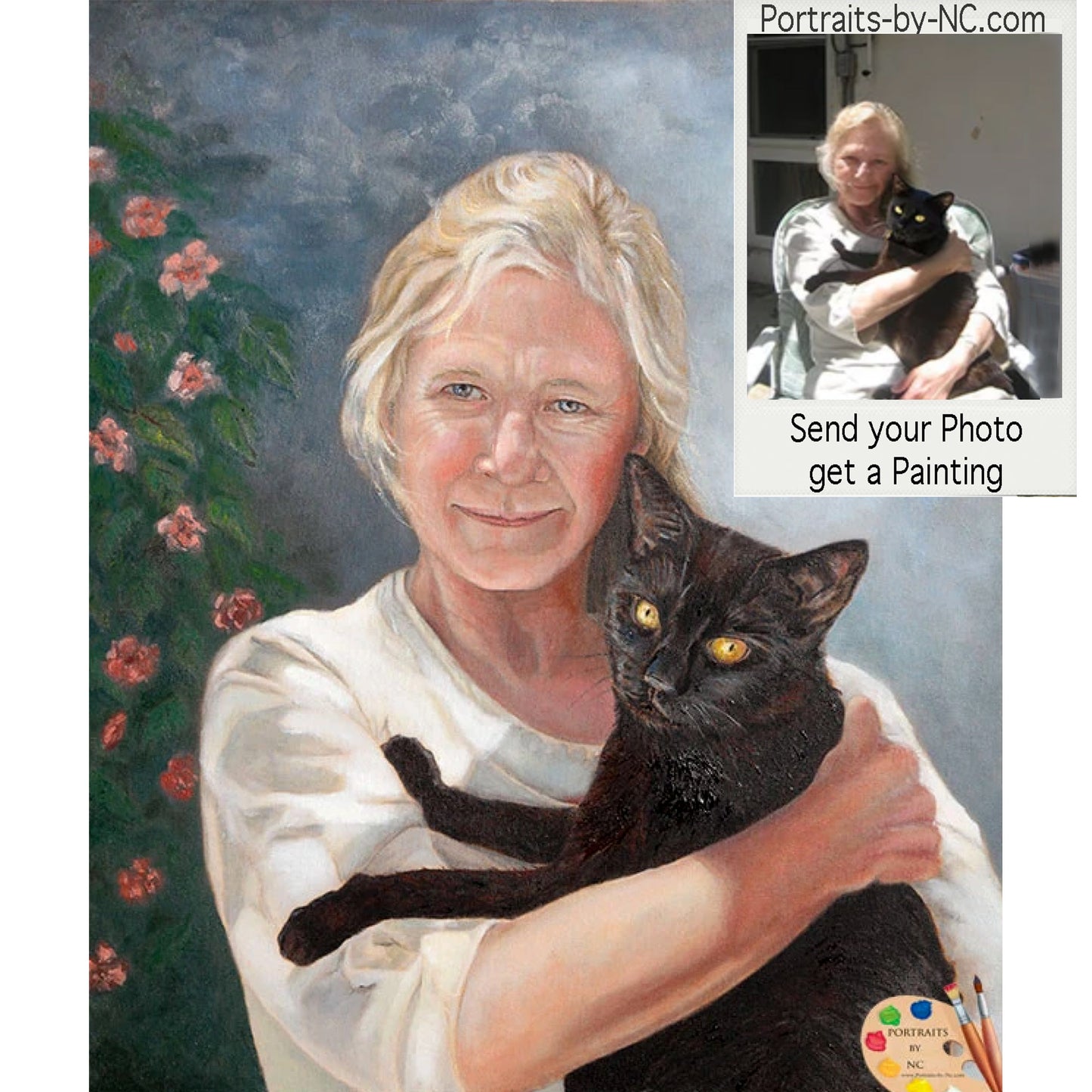 Woman with black cat oil portrait