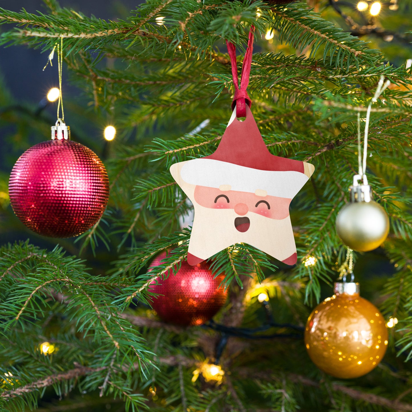 Wooden ornaments - HO HO HO Santa star front